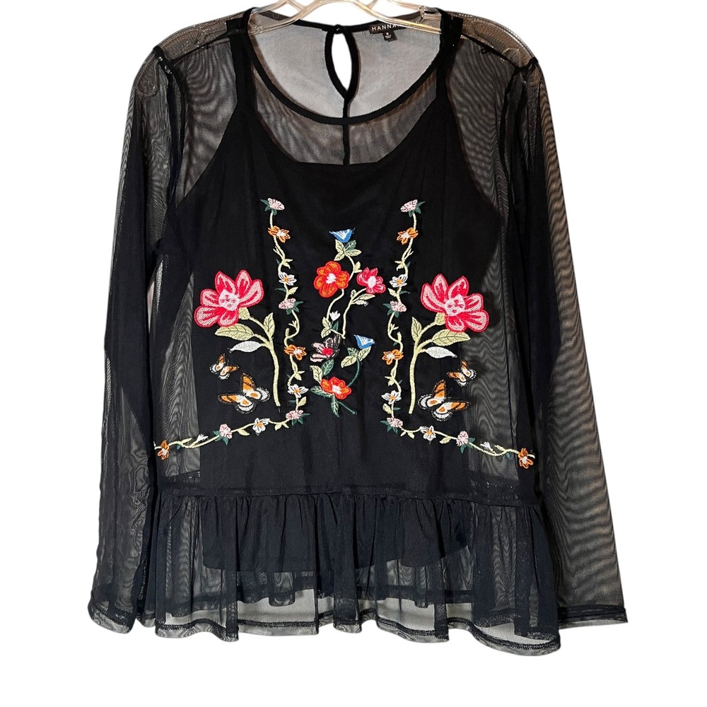 HANNAH Black Mesh Embroidered Floral Butterfly Peplum Top Size Small Goth Sheer